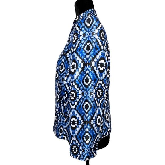Kasper Cabana Blue Black & White Ikat Open Front Mandarin Collar Blazer Size 8 - Picture 8 of 10